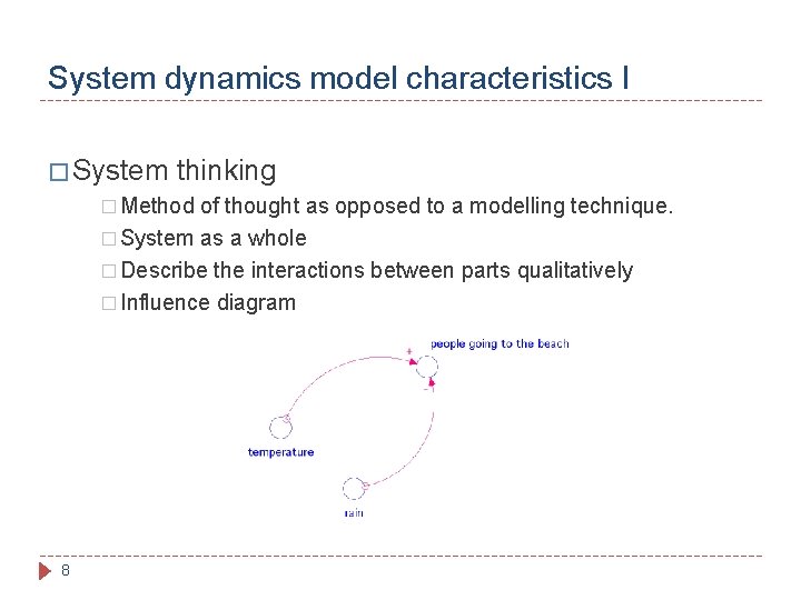 System dynamics model characteristics I � System thinking � Method of thought as opposed