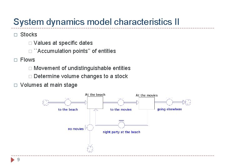 System dynamics model characteristics II � Stocks � Values at specific dates � ``Accumulation