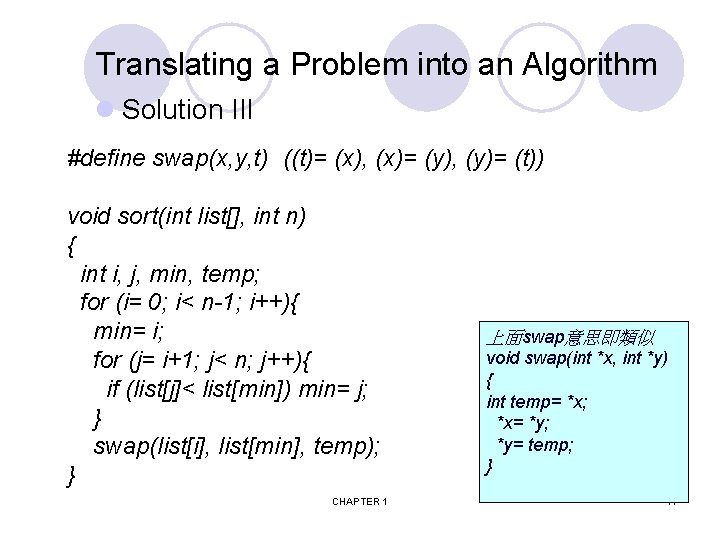 Translating a Problem into an Algorithm l Solution III #define swap(x, y, t) ((t)=