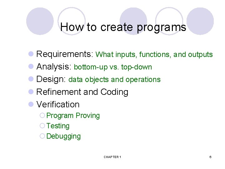 How to create programs l Requirements: What inputs, functions, and outputs l Analysis: bottom-up