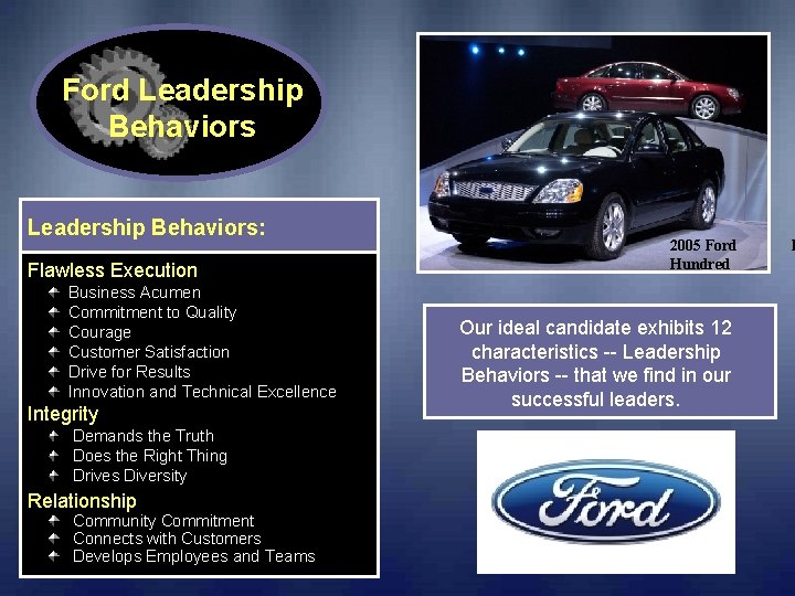 Ford Leadership Behaviors: Flawless Execution Business Acumen Commitment to Quality Courage Customer Satisfaction Drive Ford Leadership Behaviors: Flawless Execution Business Acumen Commitment to Quality Courage Customer Satisfaction Drive