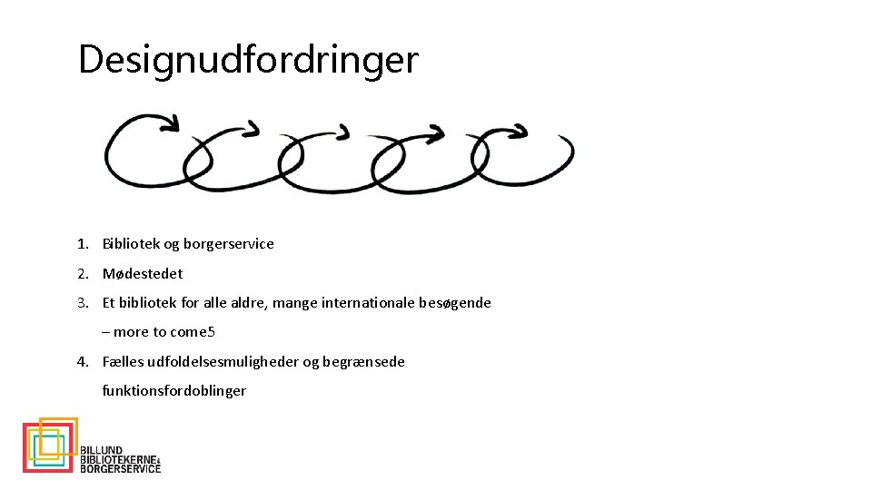 Designudfordringer 1. Bibliotek og borgerservice 2. Mødestedet 3. Et bibliotek for alle aldre, mange