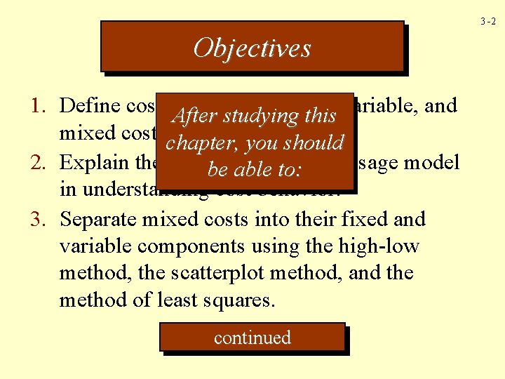 3 -2 Objectives 1. Define cost behavior fixed, After studying this variable, and mixed