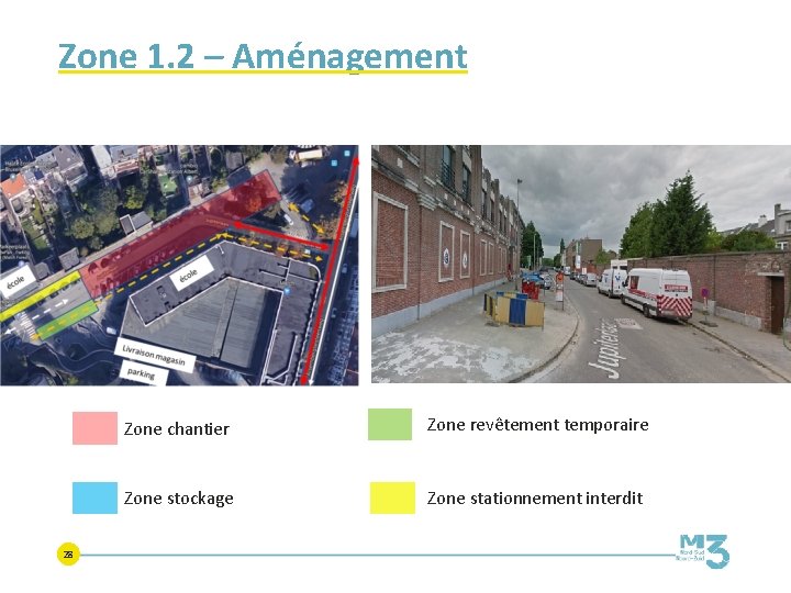 Zone 1. 2 – Aménagement 28 Zone chantier Zone revêtement temporaire Zone stockage Zone