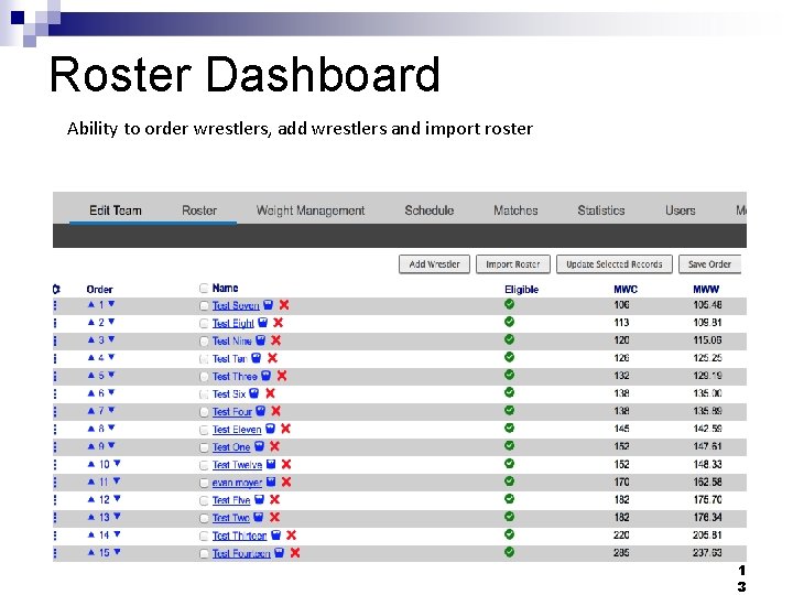 Roster Dashboard Ability to order wrestlers, add wrestlers and import roster 1 3 
