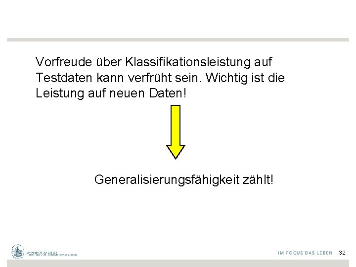 Vorfreude über Klassifikationsleistung auf Testdaten kann verfrüht sein. Wichtig ist die Leistung auf neuen