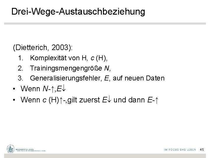 Drei-Wege-Austauschbeziehung (Dietterich, 2003): 1. Komplexität von H, c (H), 2. Trainingsmengengröße N, 3. Generalisierungsfehler,