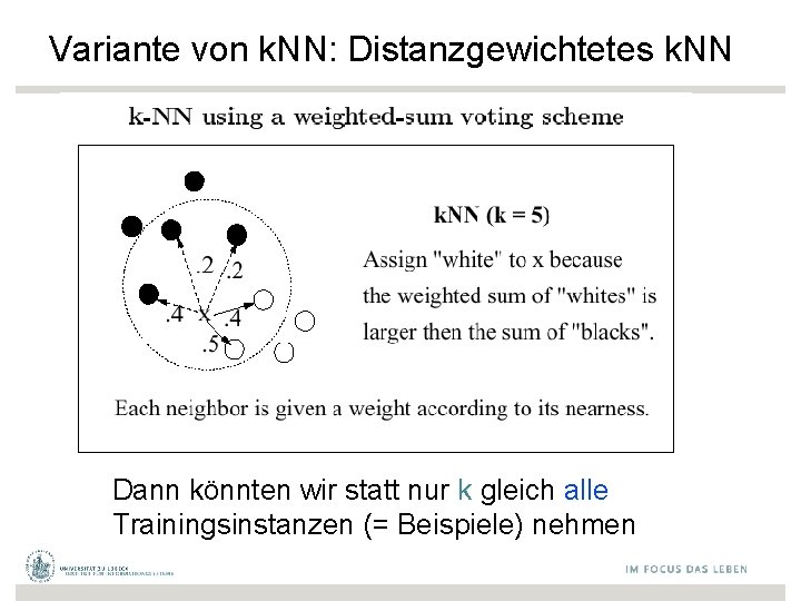 Variante von k. NN: Distanzgewichtetes k. NN Dann könnten wir statt nur k gleich