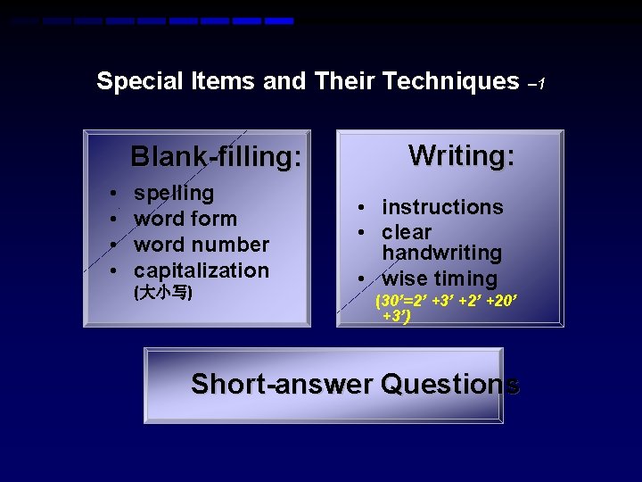 Special Items and Their Techniques – 1 Blank-filling: • • spelling word form word Special Items and Their Techniques – 1 Blank-filling: • • spelling word form word
