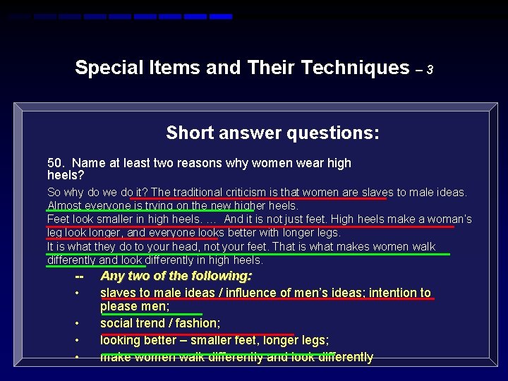 Special Items and Their Techniques – 3 Short answer questions: 50. Name at least Special Items and Their Techniques – 3 Short answer questions: 50. Name at least