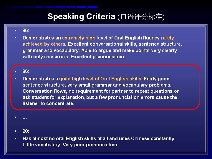 Speaking Criteria (口语评分标准) • 95: • Demonstrates an extremely high level of Oral English Speaking Criteria (口语评分标准) • 95: • Demonstrates an extremely high level of Oral English