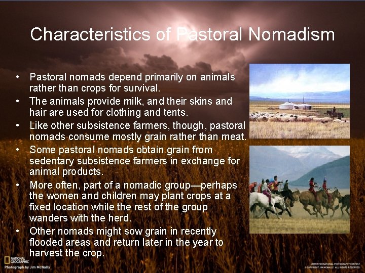 Characteristics of Pastoral Nomadism • Pastoral nomads depend primarily on animals rather than crops