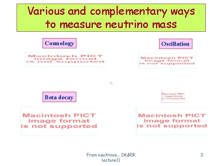 Various and complementary ways to measure neutrino mass Cosmology Oscillation Beta decay From neutrinos. Various and complementary ways to measure neutrino mass Cosmology Oscillation Beta decay From neutrinos.