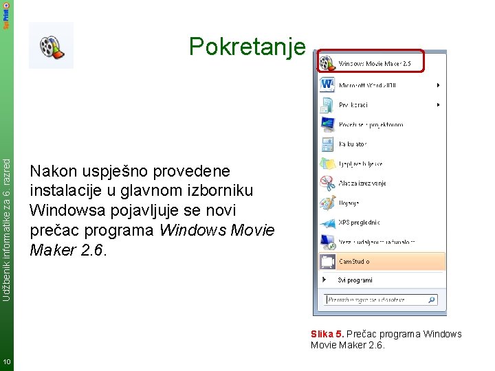 Udžbenik informatike za 6. razred Pokretanje Nakon uspješno provedene instalacije u glavnom izborniku Windowsa Udžbenik informatike za 6. razred Pokretanje Nakon uspješno provedene instalacije u glavnom izborniku Windowsa