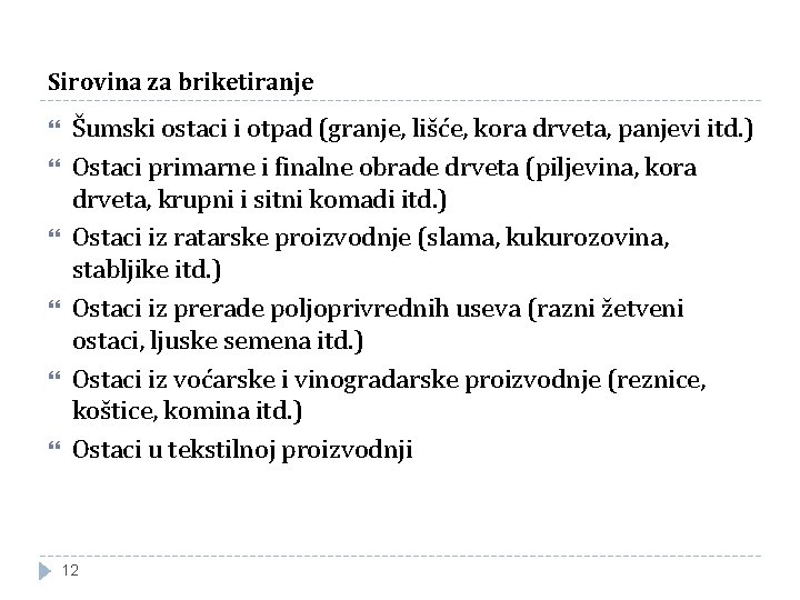 Sirovina za briketiranje Šumski ostaci i otpad (granje, lišće, kora drveta, panjevi itd. )