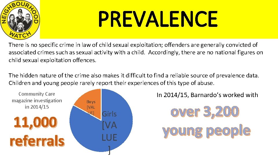 PREVALENCE There is no specific crime in law of child sexual exploitation; offenders are