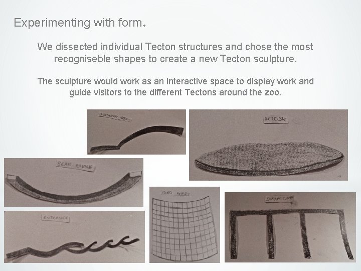 Experimenting with form. We dissected individual Tecton structures and chose the most recogniseble shapes