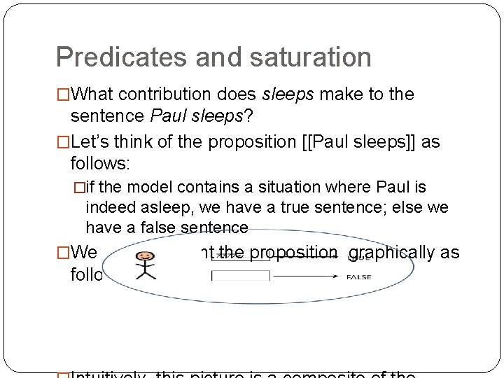Predicates and saturation �What contribution does sleeps make to the sentence Paul sleeps? �Let’s Predicates and saturation �What contribution does sleeps make to the sentence Paul sleeps? �Let’s