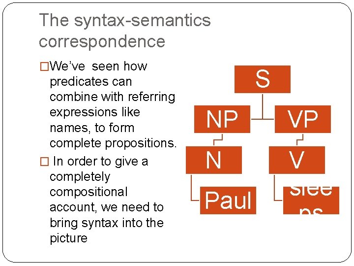 The syntax-semantics correspondence �We’ve seen how predicates can combine with referring expressions like names, The syntax-semantics correspondence �We’ve seen how predicates can combine with referring expressions like names,