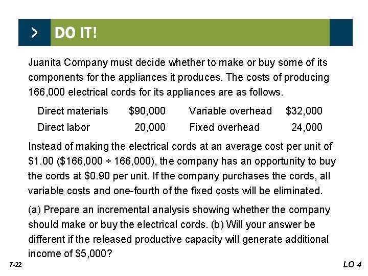 Juanita Company must decide whether to make or buy some of its components for Juanita Company must decide whether to make or buy some of its components for