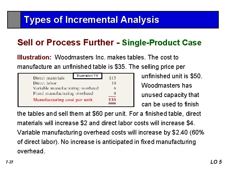 Types of Incremental Analysis Sell or Process Further - Single-Product Case Illustration: Woodmasters Inc. Types of Incremental Analysis Sell or Process Further - Single-Product Case Illustration: Woodmasters Inc.