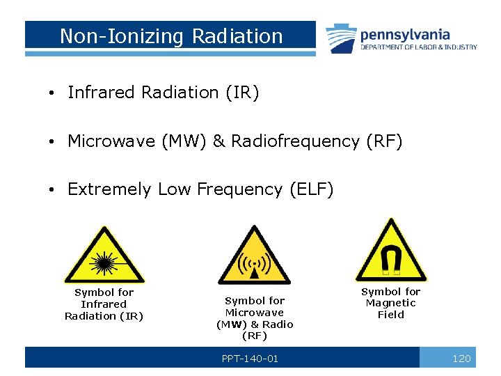 Non-Ionizing Radiation • Infrared Radiation (IR) • Microwave (MW) & Radiofrequency (RF) • Extremely