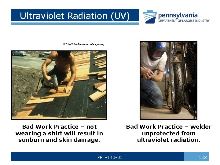 Ultraviolet Radiation (UV) NIOSH/John Rekus/elcoshimages. org Bad Work Practice – not wearing a shirt