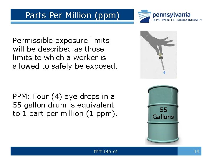 Parts Per Million (ppm) Permissible exposure limits will be described as those limits to