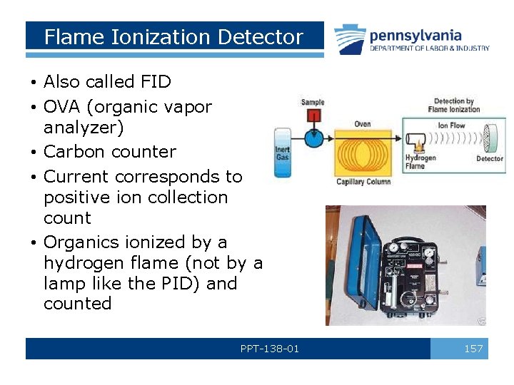 Flame Ionization Detector • Also called FID • OVA (organic vapor analyzer) • Carbon