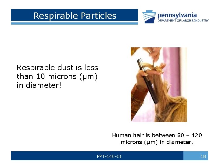 Respirable Particles Respirable dust is less than 10 microns (µm) in diameter! Human hair