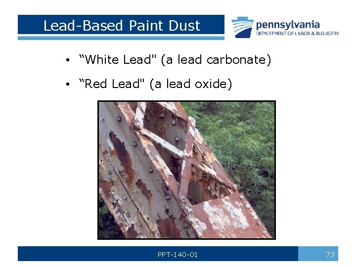 Lead-Based Paint Dust • “White Lead" (a lead carbonate) • “Red Lead" (a lead