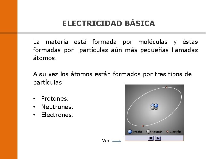 ELECTRICIDAD BÁSICA La materia está formada por moléculas y éstas formadas por partículas aún