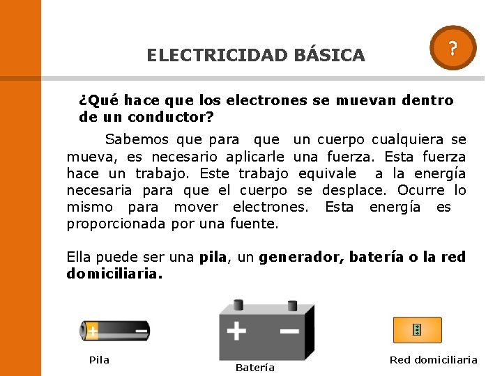 ELECTRICIDAD BÁSICA ¿Qué hace que los electrones se muevan dentro de un conductor? ELECTRICIDAD BÁSICA ¿Qué hace que los electrones se muevan dentro de un conductor?