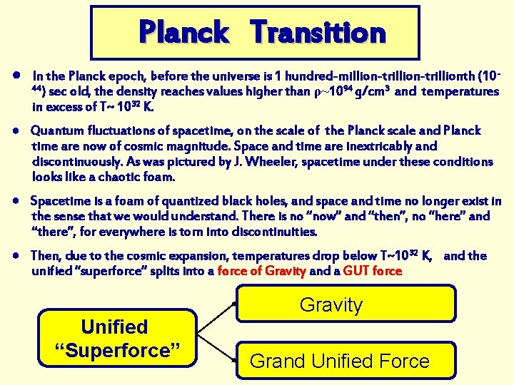 Planck Transition ● In the Planck epoch, before the universe is 1 hundred-million-trillionth (10