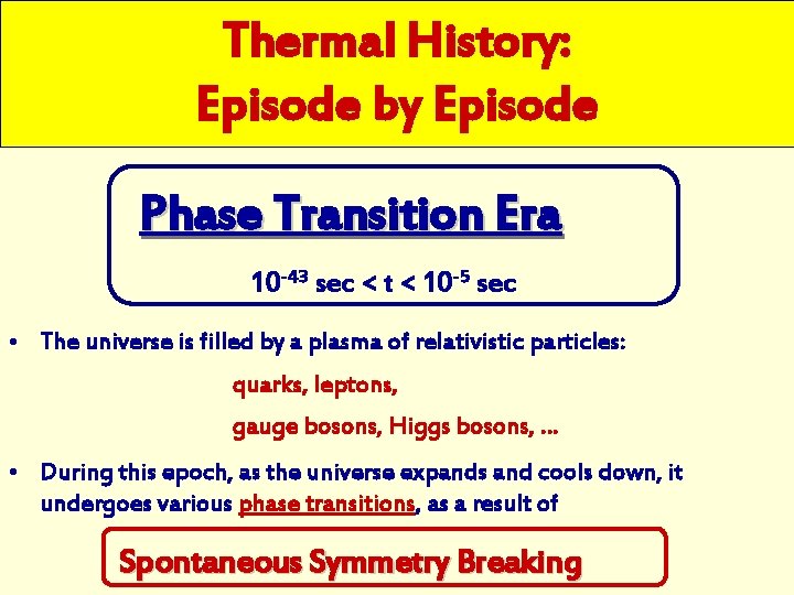 Thermal History: Episode by Episode Phase Transition Era 10 -43 sec < t <