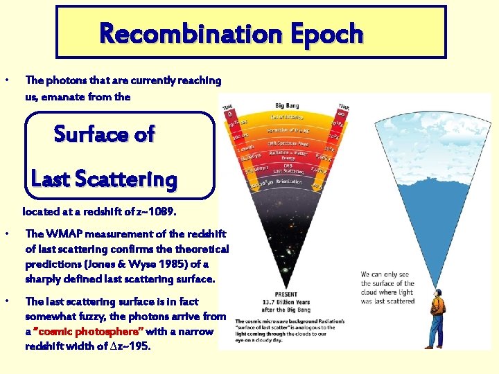 Recombination Epoch • The photons that are currently reaching us, emanate from the Surface