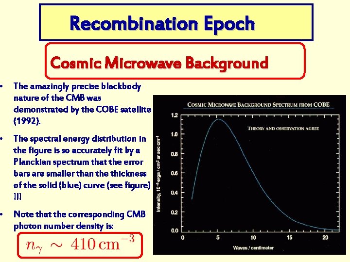 Recombination Epoch Cosmic Microwave Background • The amazingly precise blackbody nature of the CMB