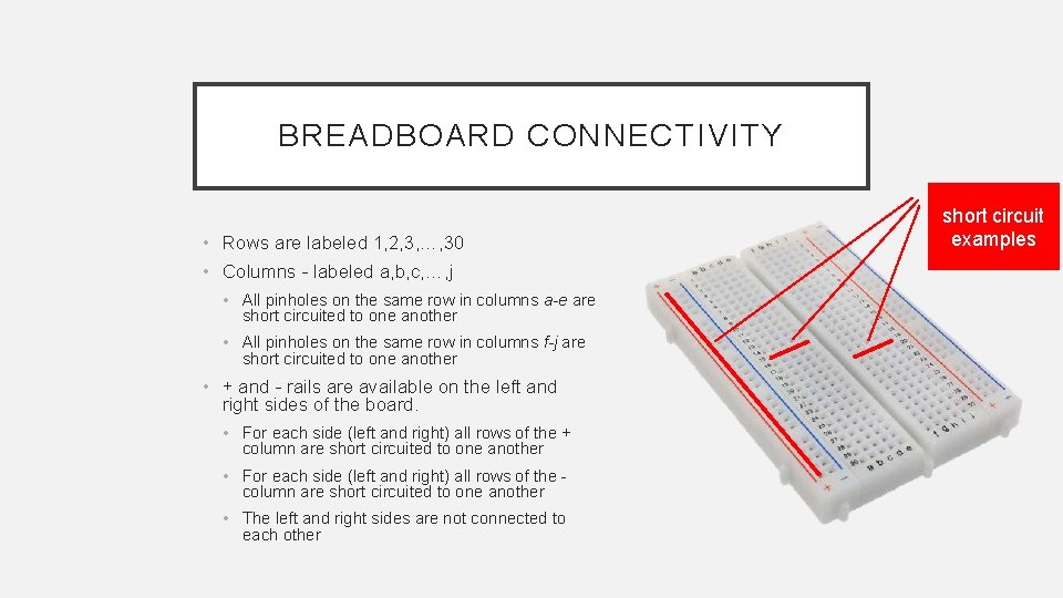 BREADBOARD CONNECTIVITY • Rows are labeled 1, 2, 3, …, 30 • Columns -