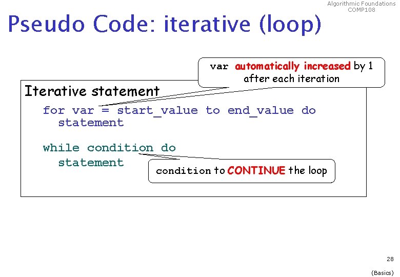 Pseudo Code: iterative (loop) Iterative statement Algorithmic Foundations COMP 108 var automatically increased by