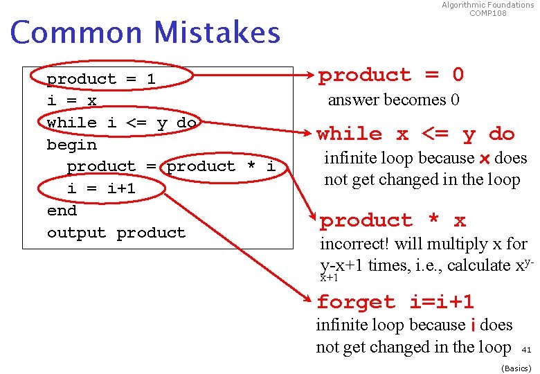 Algorithmic Foundations COMP 108 Common Mistakes product = 1 i = x while i