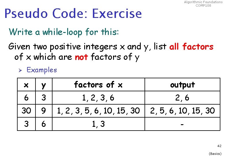 Pseudo Code: Exercise Algorithmic Foundations COMP 108 Write a while-loop for this: Given two