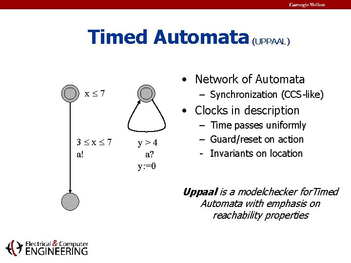 Timed Automata (UPPAAL) • Network of Automata x 7 – Synchronization (CCS-like) • Clocks
