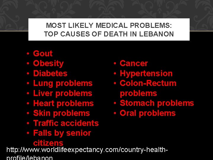 MOST LIKELY MEDICAL PROBLEMS: TOP CAUSES OF DEATH IN LEBANON • • • Gout