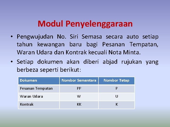 Modul Penyelenggaraan • Pengwujudan No. Siri Semasa secara auto setiap tahun kewangan baru bagi