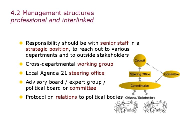 4. 2 Management structures professional and interlinked l Responsibility should be with senior staff