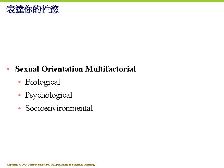 表達你的性慾 • Sexual Orientation Multifactorial • Biological • Psychological • Socioenvironmental Copyright © 2004