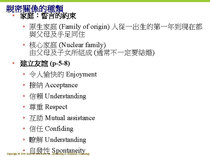 親密關係的種類 • 家庭：誓言的約束 • 原生家庭 (Family of origin) 人從一出生的第一年到現在都 與父母及手足同住 • 核心家庭 (Nuclear family)
