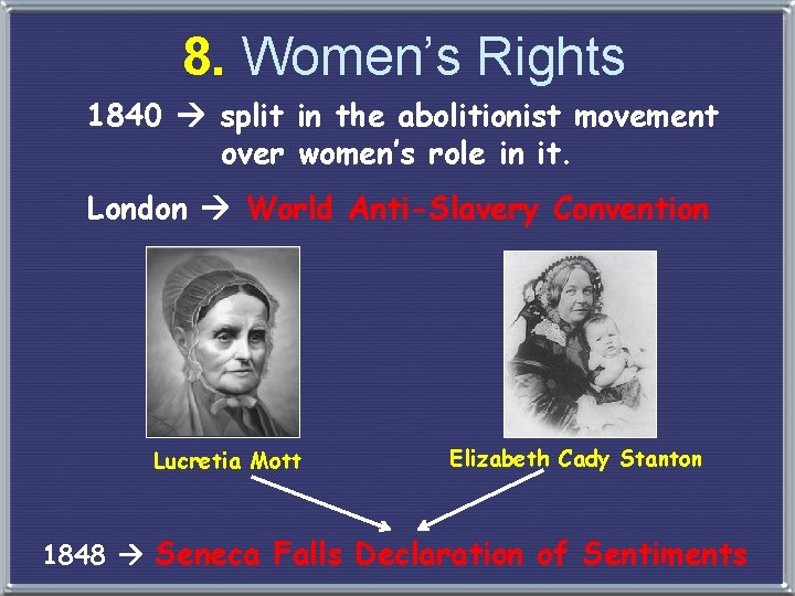 8. Women’s Rights 1840 split in the abolitionist movement over women’s role in it.