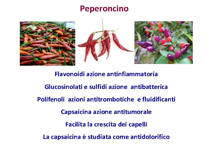 Peperoncino Flavonoidi azione antinfiammatoria Glucosinolati e sulfidi azione antibatterica Polifenoli azioni antitrombotiche e fluidificanti Peperoncino Flavonoidi azione antinfiammatoria Glucosinolati e sulfidi azione antibatterica Polifenoli azioni antitrombotiche e fluidificanti