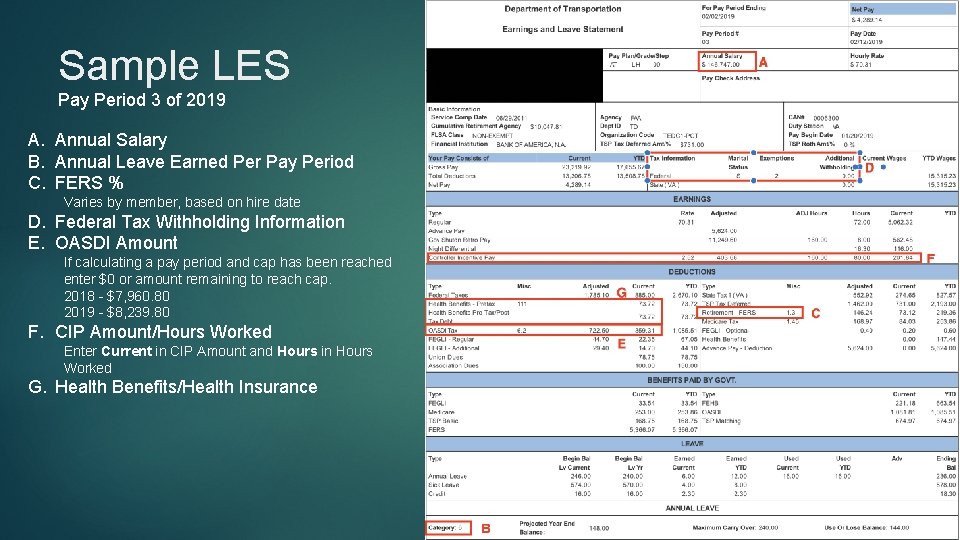 Sample LES Pay Period 3 of 2019 A. Annual Salary B. Annual Leave Earned Sample LES Pay Period 3 of 2019 A. Annual Salary B. Annual Leave Earned